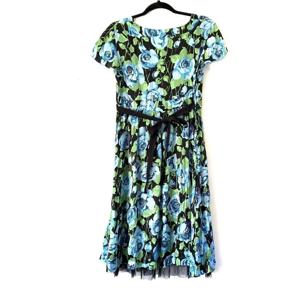 Free People Size 12 Floral Silk Flare Tulle Midi Dress Tie Back V-Neck - Picture 2 of 9